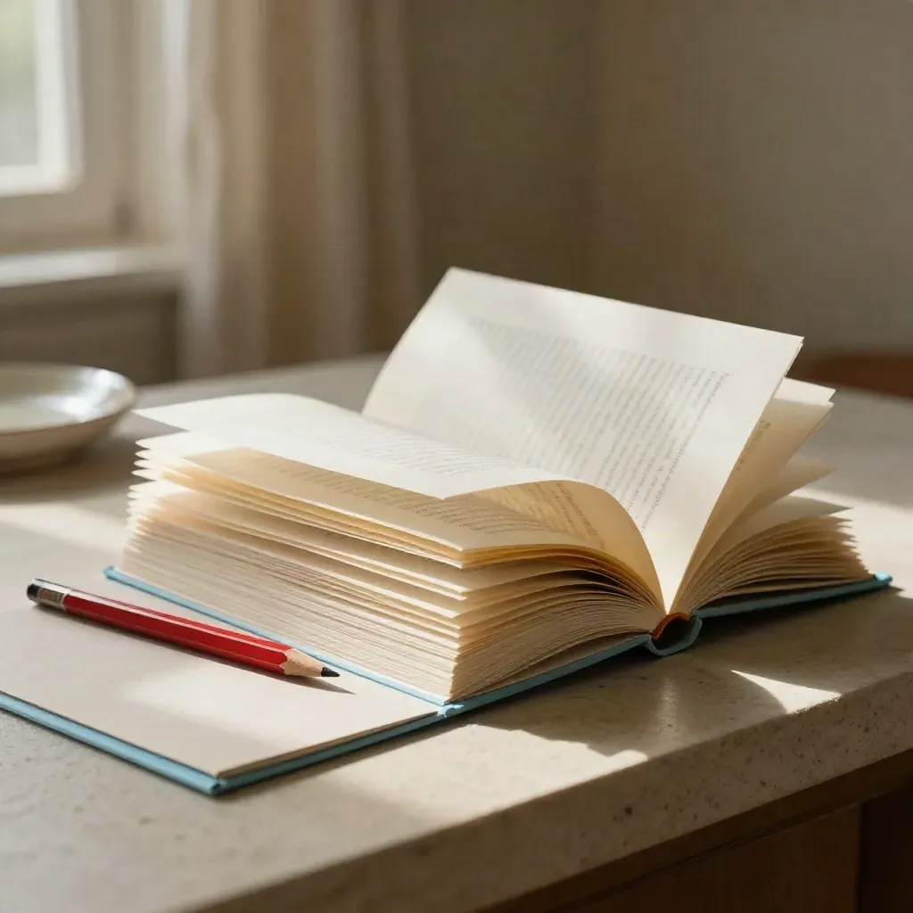 Rewritten pages, red pencil, and sleeve on a stone counter in warm window light.