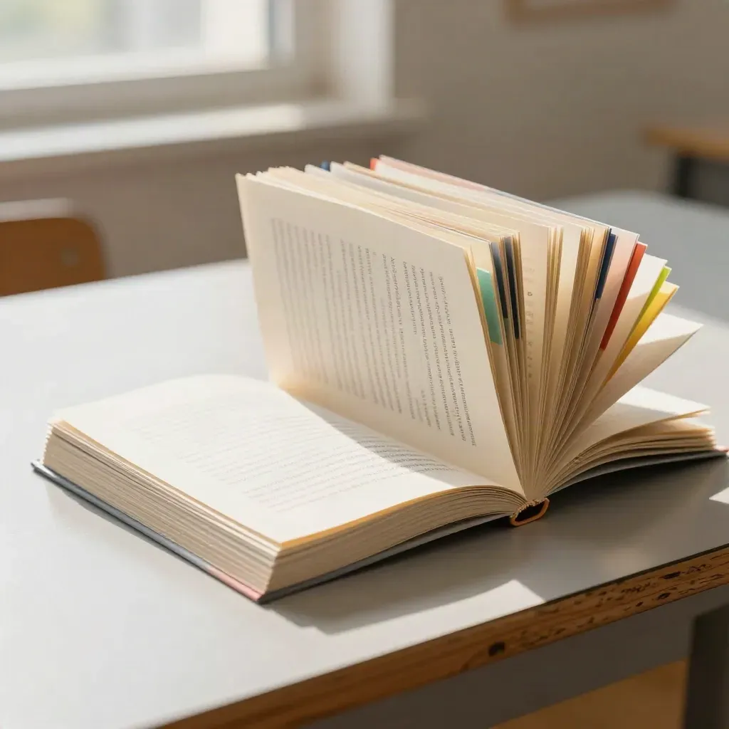 Fanned parent-guide booklet with color tabs and section cards on a classroom table
