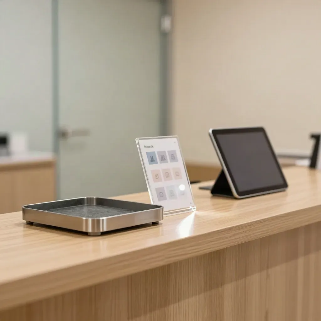 Calm clinic shelf with wayfinding cards, blank tablet stand, and an appointment tray in soft daylight.