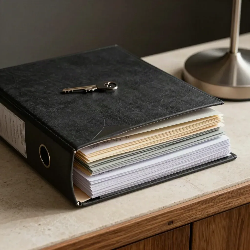 Black audit binder, color tabs, and lamp base on pale stone in dramatic studio light.