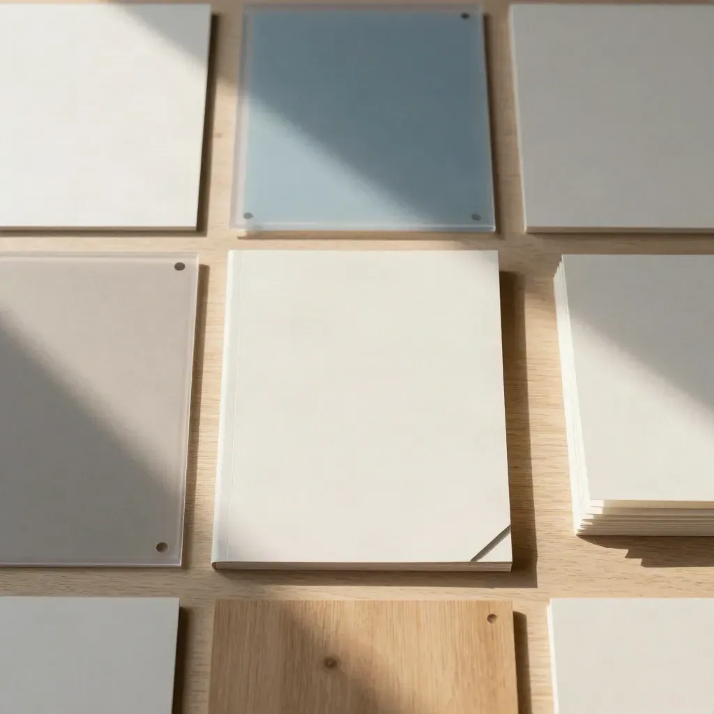 Top-down oak flat lay of divider cards, spacing templates, and blank mockup