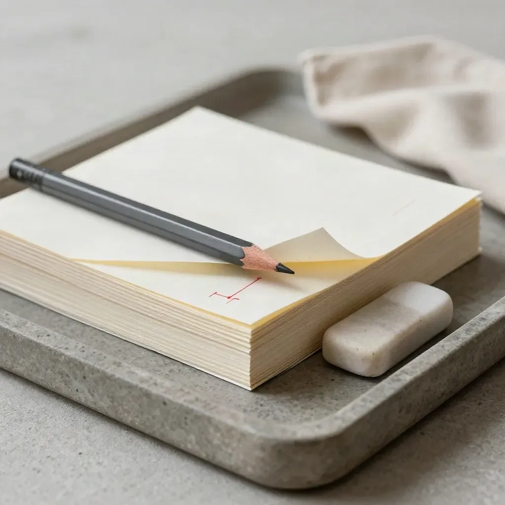 Proof bundle, pencil, and eraser arranged on a stone tray with soft cloth