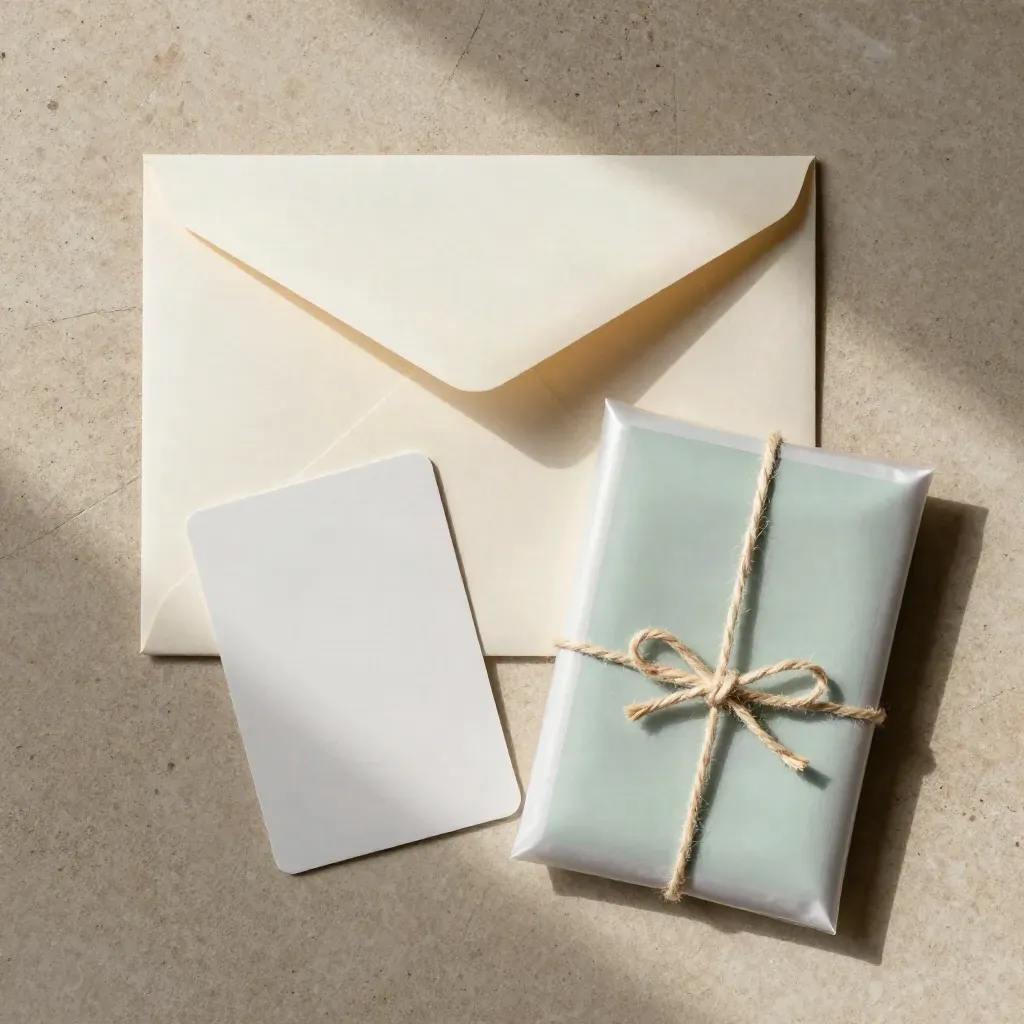 Overhead flatlay of a finished file packet, export cards and mint-wrapped documents on warm stone.